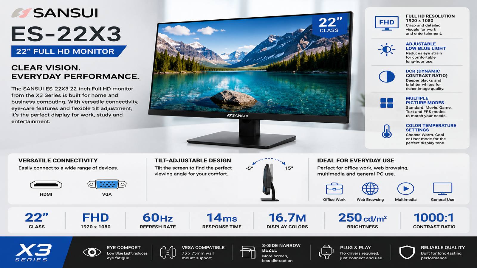 SANSUI ES-22X3, 22-inch X3 Full HD Business Monitor, HDMI & VGA, Low Blue Light, DCR, Tilt-Adjustable Stand, 3-Year Warranty | ES-22X3